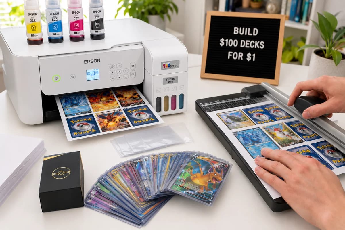 Epson EcoTank printer printing Pokémon card sheets, with slide cutter, ink bottles, and finished proxy cards on a desk — BUILD $100 DECKS FOR $1
