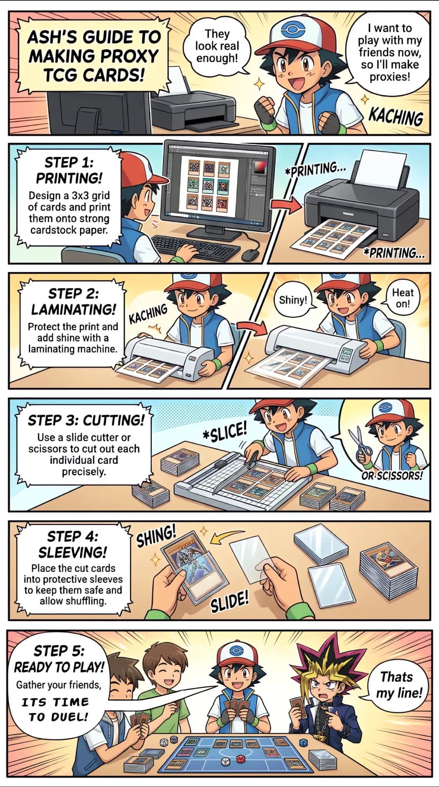Ash's Guide to Making Proxy TCG Cards - a 5 step comic showing printing, laminating, cutting, sleeving, and playing
